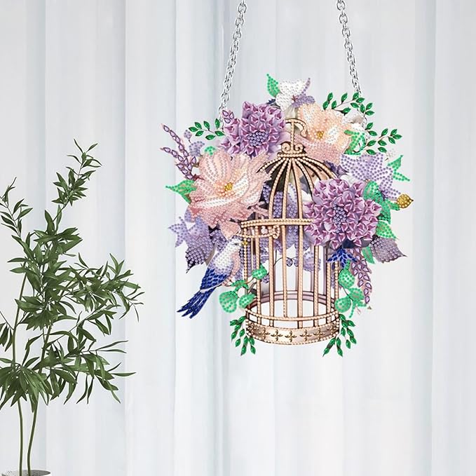 Flower Birdcage Design DIY Diamond Art Painting Wreath Kits Special Shaped Rhinestone Diamond Art Window Pendants Home Garden Wall Hanging Kits (Single Side Point Drill) (#11-Cat) (#02-Flower)