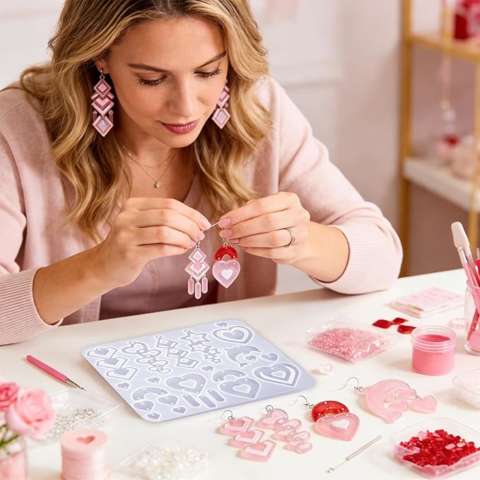 4 Pack Heart Resin Earring Mold Love Heart Star Shape Earring Silicone Molds for Mother's Day UV Casting Epoxy Silicone Molds Jewelry Earring Making Kit with 200 Earring Hook for DIY Crafts Keychains