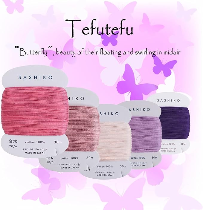 DARUMA Sashiko Thread 100% Cotton Card Type (32.8 yd) x 5 Colors with English Manual, Sewing & Embroidery Value Set with Gift Package(Thick, Tefutefu)