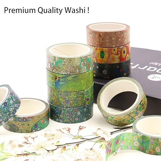 Berkin Arts 12 Rolls Art Floral Designs Washi Tape Set - 15 mm Wide Decorative Adhesive Masking Tape Cloisonnism Colorful Flowers Gustav Klimt Series