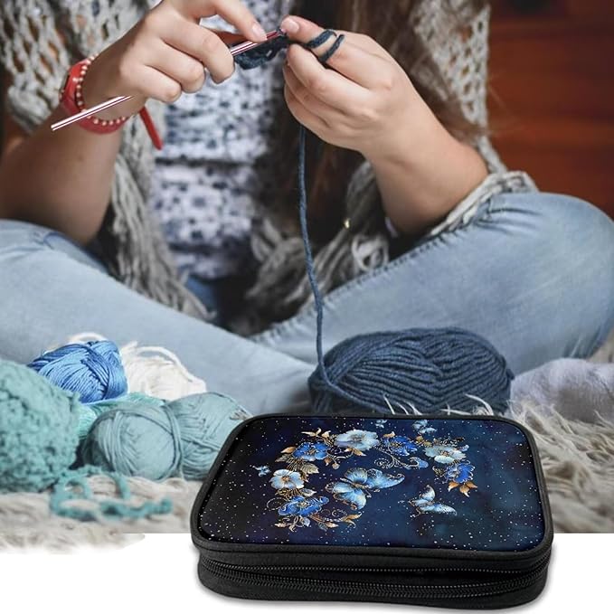 Hechitok Butterfly Flower Crochet Hook Case Without Hooks and Accessories Zipper Storage Organizer Bag with Web Pockets for Various Crochet Needles Accessories Crochet Hook Kit Tools