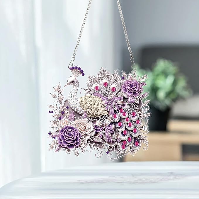 AiYuanzsh Luxury Peacock Special Shape Diamond Painting Hanging Ornament Kit for Adults, 5D Crystal Rhinestone Diamond Art Suncatcher with Floral Design for Window Wall Home Decor