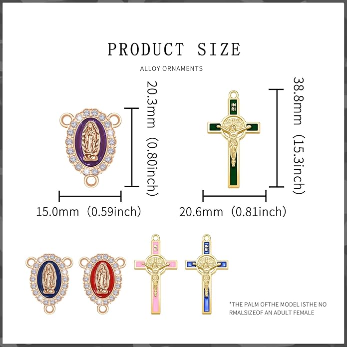 48Pcs/24Sets Rosary Making Kits Supplies Religion Cross and Center Medal Charms Alloy Enamel Rhinestones Virgen de Guadalupe Pendant for Diy Catholic Prayer Necklace