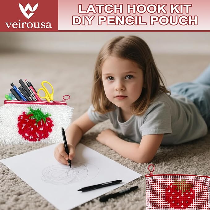 veirousa Strawberry & Watermelon Latch Hook Pencil Case Kit for Adults Beginners, Flully Fruit DIY Craft Pencil Pouch for Girls Boys 2 Pack Set