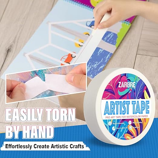 Artist Tape, White Art Tape for Watercolor Paper, Medium Tack Masking Drafting Tape for Painting Canvas Framing, Acid-Free, 1in 164FT Long