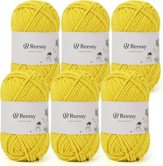 Bulky Chenille Yarn for Crocheting – 6 Pack of 50g/1.76oz Skeins, Pure Polyester, CYC #5 Bulky Weight – Ultra Soft Chenille Yarn Pack for Crafting Plush Toys, Blankets, Scarves(Sunlit Gold)