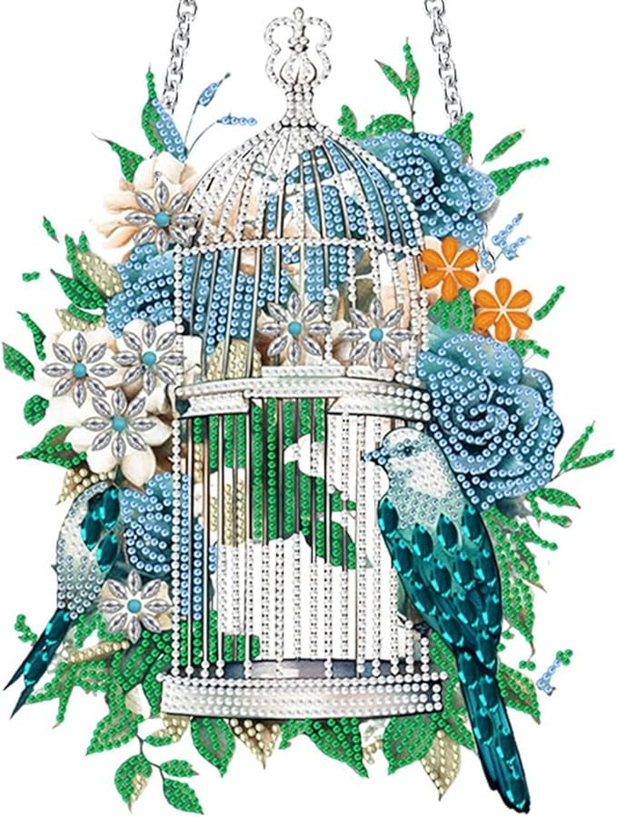 Flower Birdcage Design DIY Diamond Art Painting Wreath Kits Special Shaped Rhinestone Diamond Art Window Pendants Home Garden Wall Hanging Kits (Single Side Point Drill) (#11-Cat) (#05-Bird)