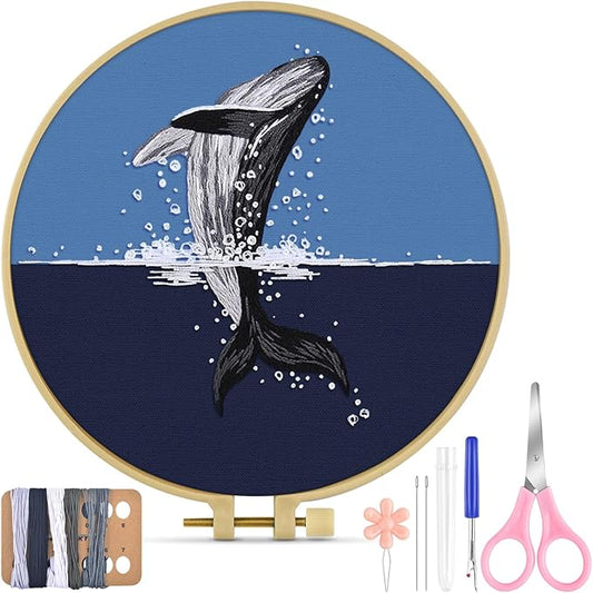 TINDTOP Embroidery Kit for Beginners Adult, Whale Embroidery Practice Kit for Beginners Include Embroidery Cloth Hoops Threads for Craft Lover Hand Stitch with Embroidery Skill Techniques