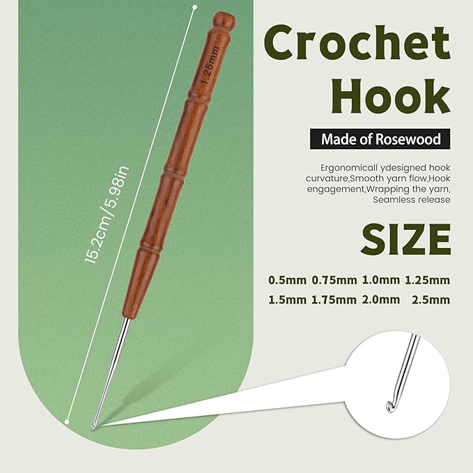 Wuadua 0.5-2.5mm Crochet Hook Set, 8Pcs Ergonomic Crochet Hooks with Wooden Handle for Arthritic, Ideal for Lace Thread and Fine Cotton Yarn, Perfect for Crocheting Coasters, Tablecloths, Placemats