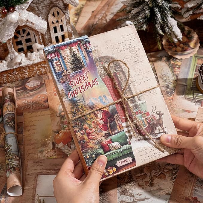 160 sheets of Christmas scrapbook paper, Christmas theme journaling scrapbook supplies craft collage paper set, junk journal bullet journal poster room decor for card making decorative gifts