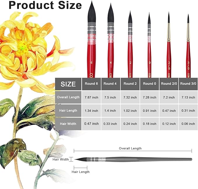 Watercolor Brush Set, Soft Synthetic Squirrel Hair, Round Tip Mop Brushes for Professional Artists - Gouache, Fine Detailing, Acrylic, Gouache, Oil(6Pcs)