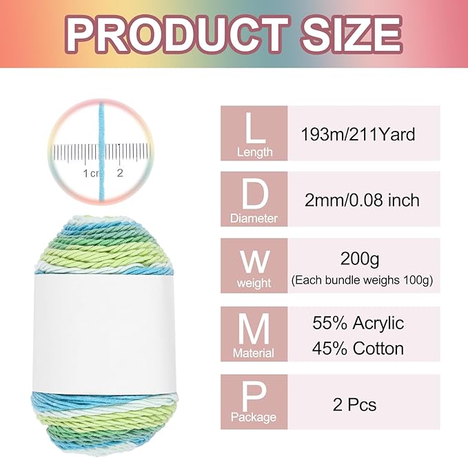 MECCANIXITY Cotton Acrylic Yarn for Crocheting, 422 Yard 5 Ply Soft Gradient Yarn Acrylic 45% Cotton 55% Used for DIY Knitting Blankets Scarves(2 Packx100g,Green,Blue,Yellow)