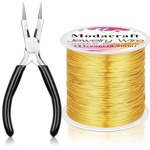 ModaCraft 24 Gauge Sweet Spot Jewelry Wire Gold (213ft/65m) + 4-in-1 Comfort Grip Pliers | Tarnish Proof Copper Craft Wire for Wire Wrapping, Beading & Charm Bracelets | Jewelry Making Starter Kit