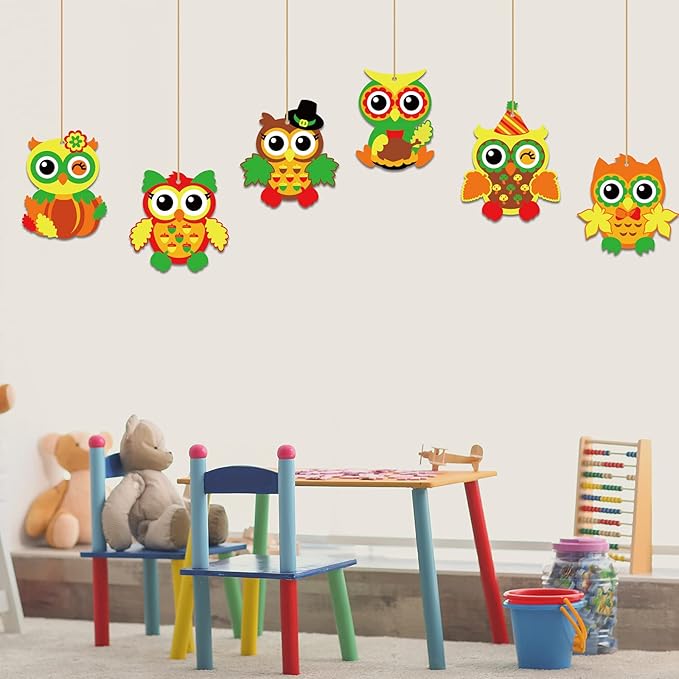 chiazllta 30 Packs Fall Craft Thanksgiving Owl DIY Art Craft with Fall Autumn Leaves Pumpkins Stickers Make Your Own Owl Set for Home Game Activities