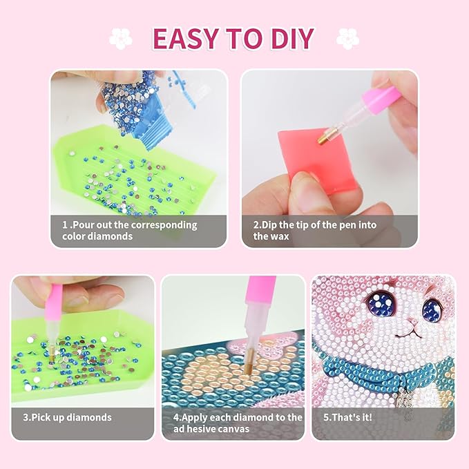 PERFECTSIGHT Cute 5D Diamond Art Kits with Wooden Frame, Kawaii DIY Painting Art for Adults Teen, Diamond Arts and Crafts Sets, Big Gem Full Drill Diamond Dots for Women Beginners (White+Pink Cat)