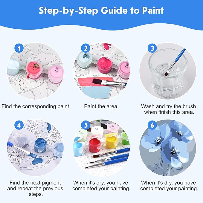 NEWENMO 4 Pack Paint by Numbers for Adults with Wooden Framed, Blue Flowers, Paint by Number Kits on Canvas for Beginner, DIY Acrylic Oil Painting Kits for Home Decor 8x8 inch, Beautiful Flowers