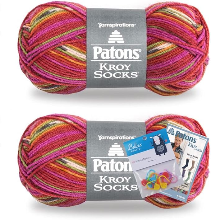 Patons Kroy Socks Yarn 2-Pack Bundle with Bella's Crafts Stitch Markers (Dad's Jacquard)