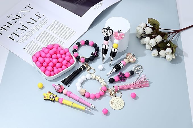 MAIBAOTA 120 Pcs Hot Pink Silicone Beads - 15 mm Round Beads for Keychain, Pens, Bracelet, Necklace Making - Bulk Pack with Boxed Kits