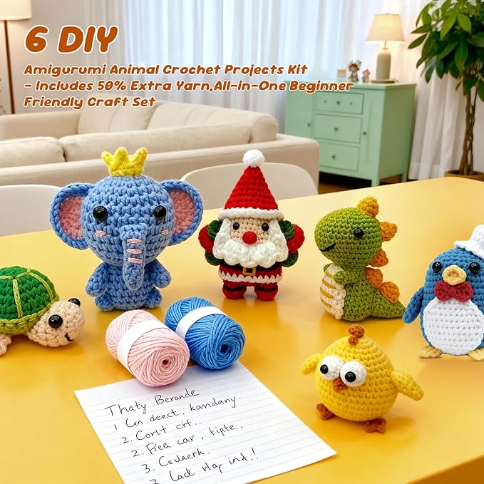 livikey 6pcs crochet kit for beginners - complete crochet set for adults & kids - woobles-style animal crochet kit with soft yarn and step-by-step video tutorials