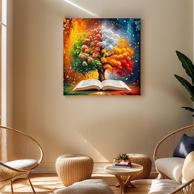 PINFFSHU 5D Diamond Painting Kit for Adults Tree of Life with Magic Seasons & Sacred Book Full Drill Art, DIY Sparkling Gem Dots Spiritual Wall Decor 13.78x13.78 Inches Gift for Spiritual Art Lovers