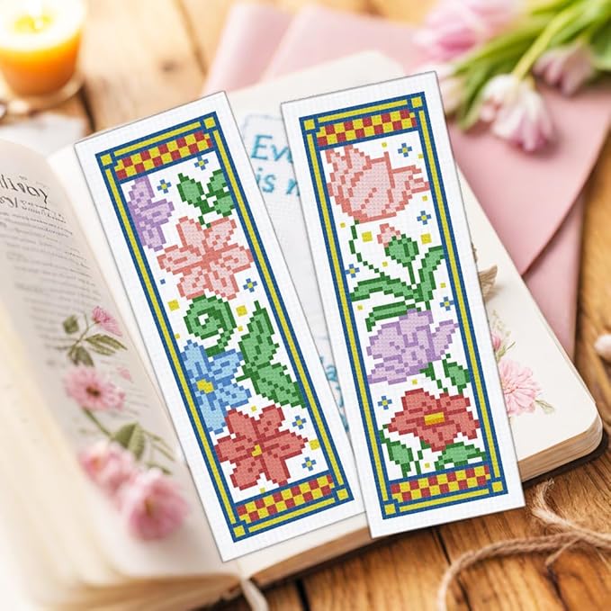 ORIGACH 6 Set Medieval Garden Flower Cross Stitch Bookmark Kit for Beginner with Backing Felt Floss Instructions DIY Stamped Embroidery Bookmark Kit for Adults, Book Lovers