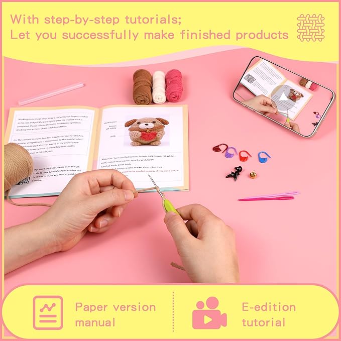 UzecPk Crochet Kit for Beginners, Crochet Kit Cotton-Nylon Blend Yarn Include Videos Tutorials Dog Crochet Set for Starters Adult Crochet Animals Kits with Enough Yarn and Accessories