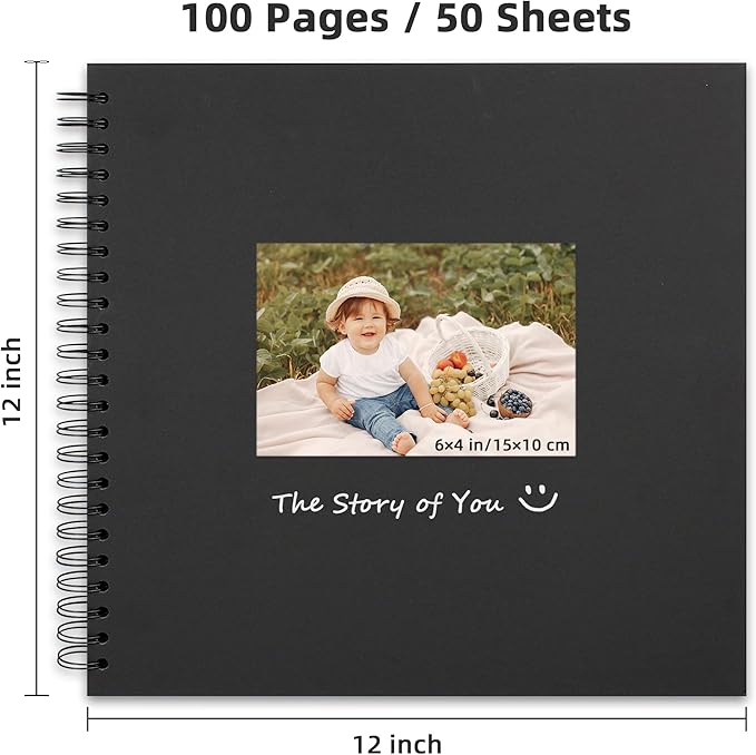 Yopih 12 x 12 Inch DIY Scrapbook Photo Album Hardcover Kraft Blank Page Acid-Free, 100 Pages (50 Sheets) Memory Book for Wedding Anniversaries Family Baby Memories Small Scrapbooking Projects, Black
