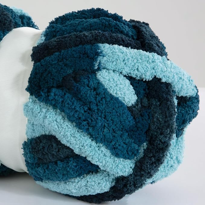 HOMBYS Chunky Tie Dye Mix Chenille Yarn for Hand Knitting, Super Bulky Jumbo Yarn for Crocheting, 3/4" Thick Soft Plush Yarn for Blankets, 8 Skein Pack (26 yds / 7.5 oz Each) Blue