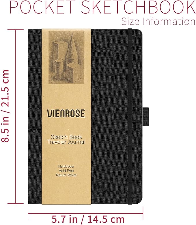 Vienrose 8.7"x5.7" Sketch Books, Linen Cover Hardbound Sketching Book with Acid-Free Paper, Drawing Pad for Kids, Beginners & Professionals, Art Supplies for Adults & Students(Black, 60 Sheets)