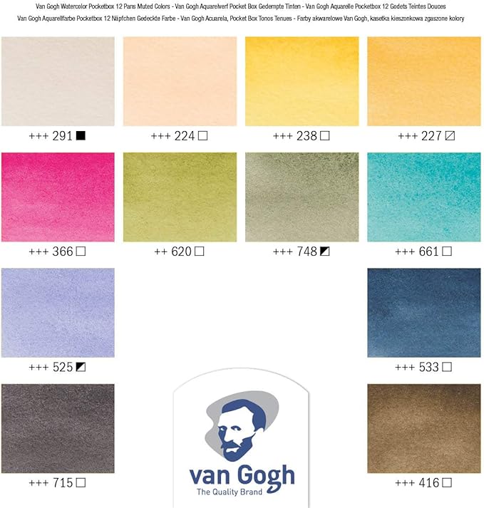 Van Gogh Watercolor Paint Set, Plastic Pocketbox, 12-Half Pan Muted Colors Selection