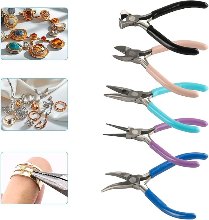 5-Piece Professional Jewelry Pliers Set for Wire Crafting & Repair ： Includes Chain Nose, Round Nose, Bent Nose, Needle Nose & Wire Cutters
