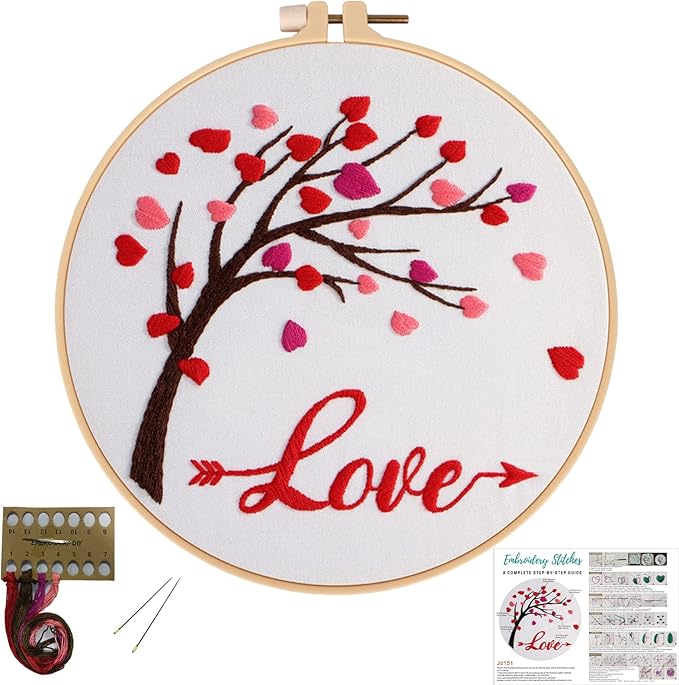 Louise Maelys Love Heart Tree Beginners Embroidery Kits,Cross Stitch Starter Kit for Adults Including Cloth with Lovers Pattern Hoop Needles Instruction and Threads