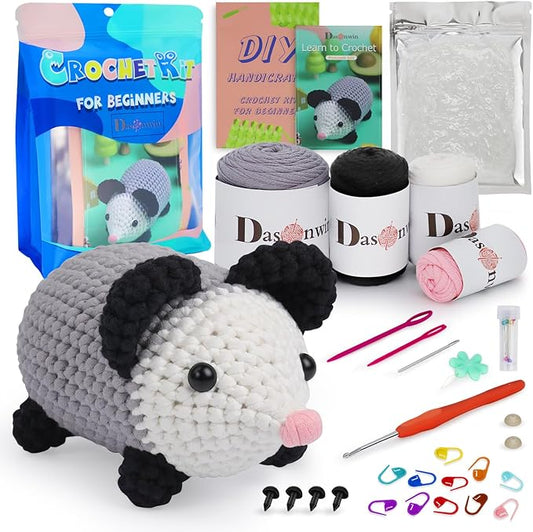 Dasonwin Crochet Kit for Beginners, Amigurumi Crochet Animal Kit (Cute Possum), Step-by-Step Video Tutorials, Complete Starter Set for Kids & Adults