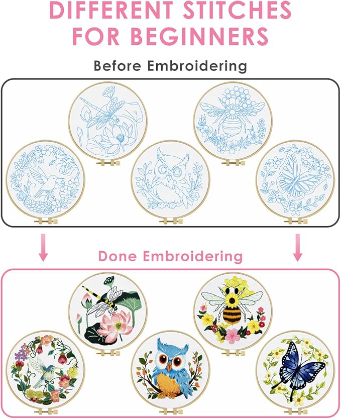 TINDTOP Embroidery Kit for Beginners Adult, Owl Embroidery Kit for Beginners Include Embroidery Cloth Hoops Threads for Craft Lover Hand Stitch with Embroidery Skill Techniques