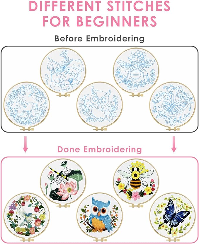 TINDTOP Embroidery Kit for Beginners Adult, Honeybee Embroidery Kit for Beginners Include Embroidery Cloth Hoops Threads for Craft Lover Hand Stitch with Embroidery Skill Techniques (Honeybee)