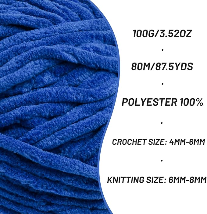 Fluffy Chenille Yarn for Crocheting, Chunky Velvet Yarns for Crochet Amigurumi, Baby Yarn for Crocheting Soft Blanket, 87.4yds /3.5 oz Bulky Yarns for Crafts/Hats/Shoes/Socks (Sapphire Blue)