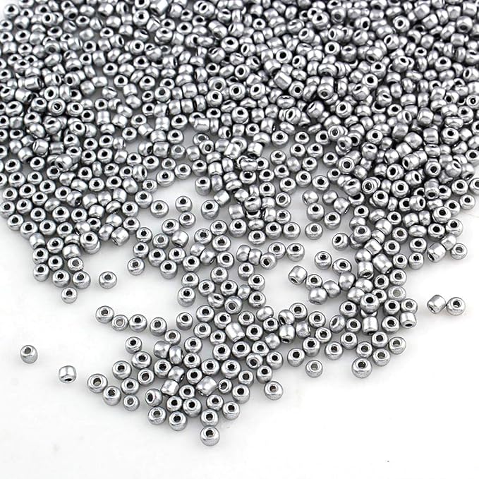 Perlin Glass Seed Beads 2mm 11/0 Round Mini Small Pony Beads 6500pcs for Jewelry Making Earrings Bracelets Pendants Waist DIY Handmade Metallic Color Kit (Matte Silver)
