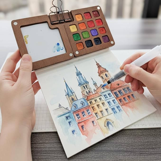 Mini Watercolor Paint Set, Travel Paint Kit, Pocket-Sized Art Supplies with 24 Colors, Paint Paper Pad, Water Brush Pens & Clips for Beginners, Adults and Outdoor Sketching