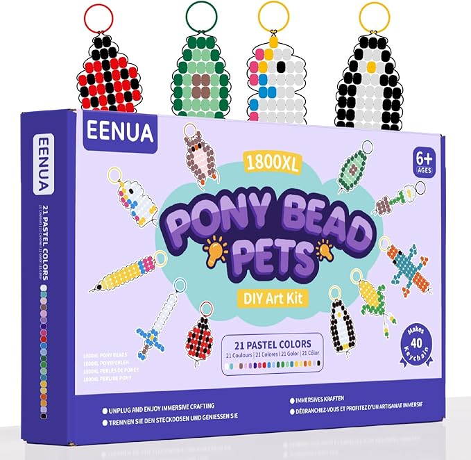eenua pony bead pets keychain making kit 1800 beads in 21 colors 40 fun designs diy craft set with keychains elastic cord storage box perfect christmas, birthday party gifts for beginners