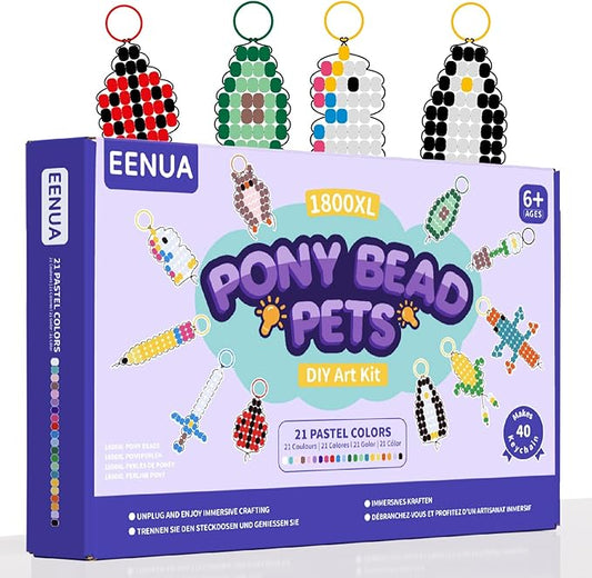 eenua pony bead pets keychain making kit 1800 beads in 21 colors 40 fun designs diy craft set with keychains elastic cord storage box perfect christmas, birthday party gifts for beginners