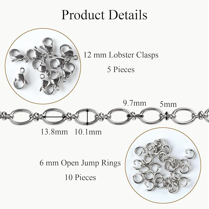 Jabogrii 6.5 Feet Silver Stainless Steel Chain Bulk for Jewelry Making DIY Oval Rolo Jewelry Making Chains