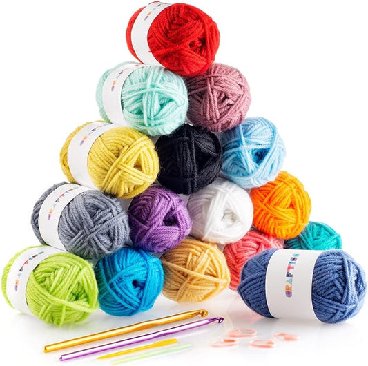 craftiss 16 of 20g/0.7oz acrylic yarn mini skeins - 700 yards of soft yarn for crocheting and knitting craft project, assorted starter crochet bulk kit for adults and kids