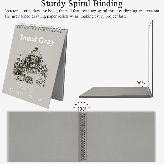 fuxi toned grey sketch pad, 9x12 spiral sketchbook, 60 sheets (85lb/130gsm) art paper, artist paper for drawing with pencil, charcoal for artists & students, art class.
