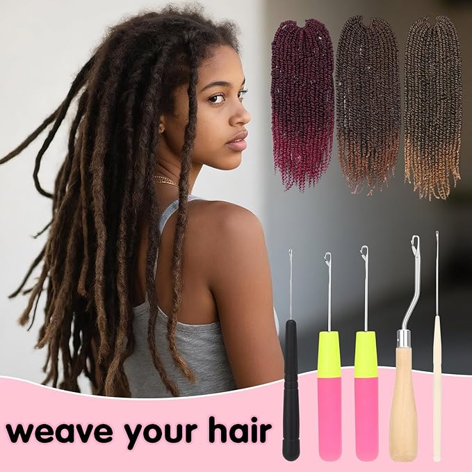 Crochet Hooks for Hair Set with 5 Crochet Needles, Edge Brush, Bristle Brush, Rat Tail Comb, 2 Gator Clips,Latch Hook for Passion Twist Crochet Hair Extensions