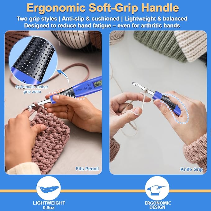 22 Size Crochet Hook Set with Light & Digital Counter, Ergonomic for Arthritic Hands, 2.0–14.0 mm Interchangeable Hooks, Rechargeable and Beginner-Friendly