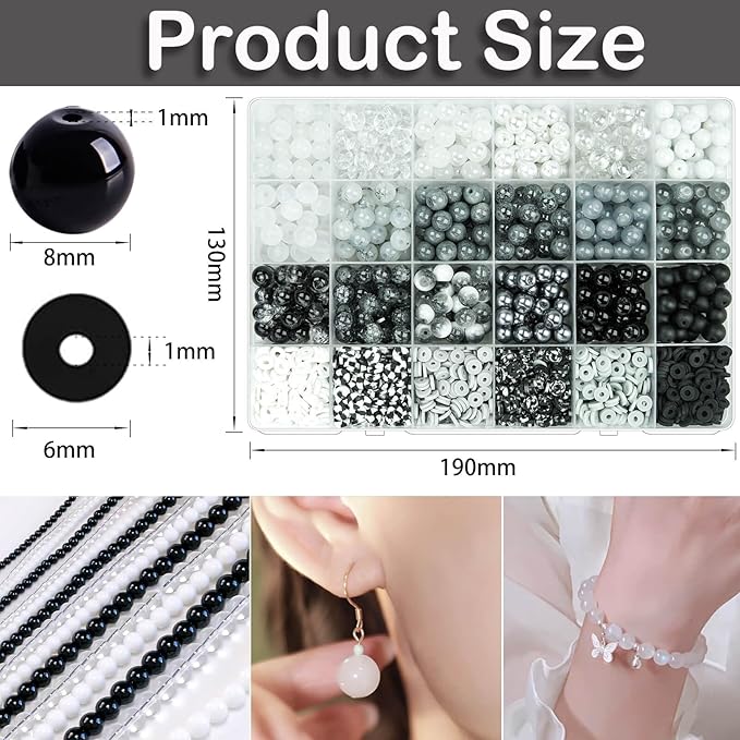 1600PCS+ Black Glass Beads for Jewelry Making, 8mm White Crackle Lampwork Glass Bead Polymer Clay Beads Round Spacer Crystal Beads for Friendship Bracelet Necklace Earring (White+Black+Grey)