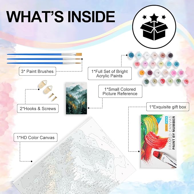 Yezavesu Framed Paint by Numbers Kit for Adults Beginner & Kids Ages 8-12, Mountain Paint by Numbers with Frame, DIY Number Painting for Adults Watercolor Forest for Home Wall Decor Gift 8X 12 inch