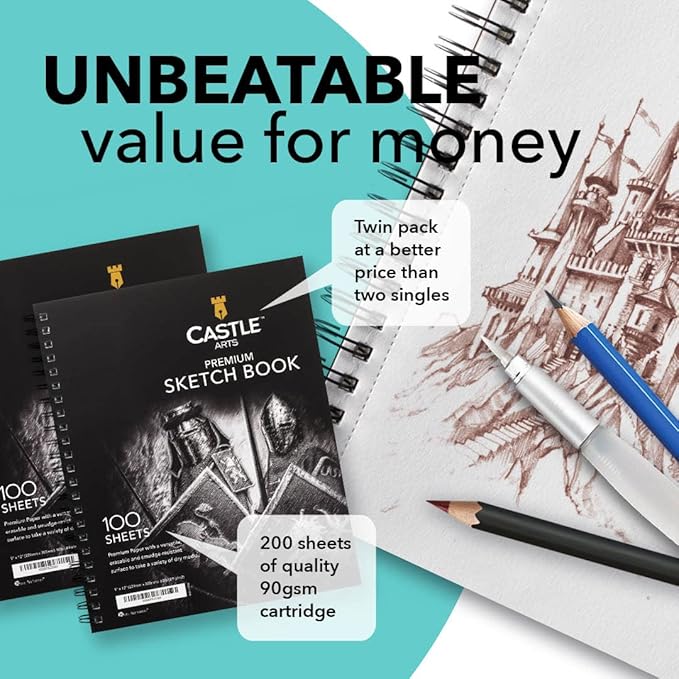 Castle Art Supplies Premium Sketch Books 9in x 12in | Double Sketch Pad Pack | 200 Sheets of Quality 90gsm Paper | for Adult Artists and Learners | Spiral Bound for Versatility