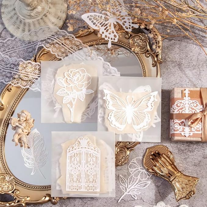 Diuhofart 60Pcs Large Scrapbook Embellishments Frame Lace Paper Cutout for Scrapbooking Supplies, White Vintage Decorative Paper for Junk Journaling, Wedding Album, Card Making, DIY Craft
