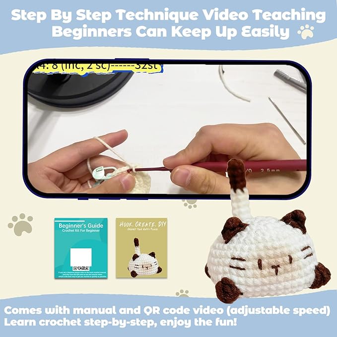 JueRum Cat Crochet Kit for Beginners,Learn to Crochet Beginner Crochet Kit for Adults, Amigurumi Crochet Animals Cat Crafts Knitting Kit with Step-by-Step Video Tutorials